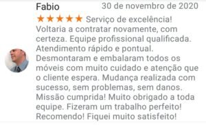 Avaliação 5 estrelas de Fabio no Google elogiando o serviço de excelência da Fernandes Transportes