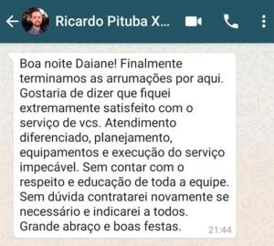 Print de conversa no WhatsApp do cliente Ricardo, satisfeito com o serviço da Fernandes Transportes